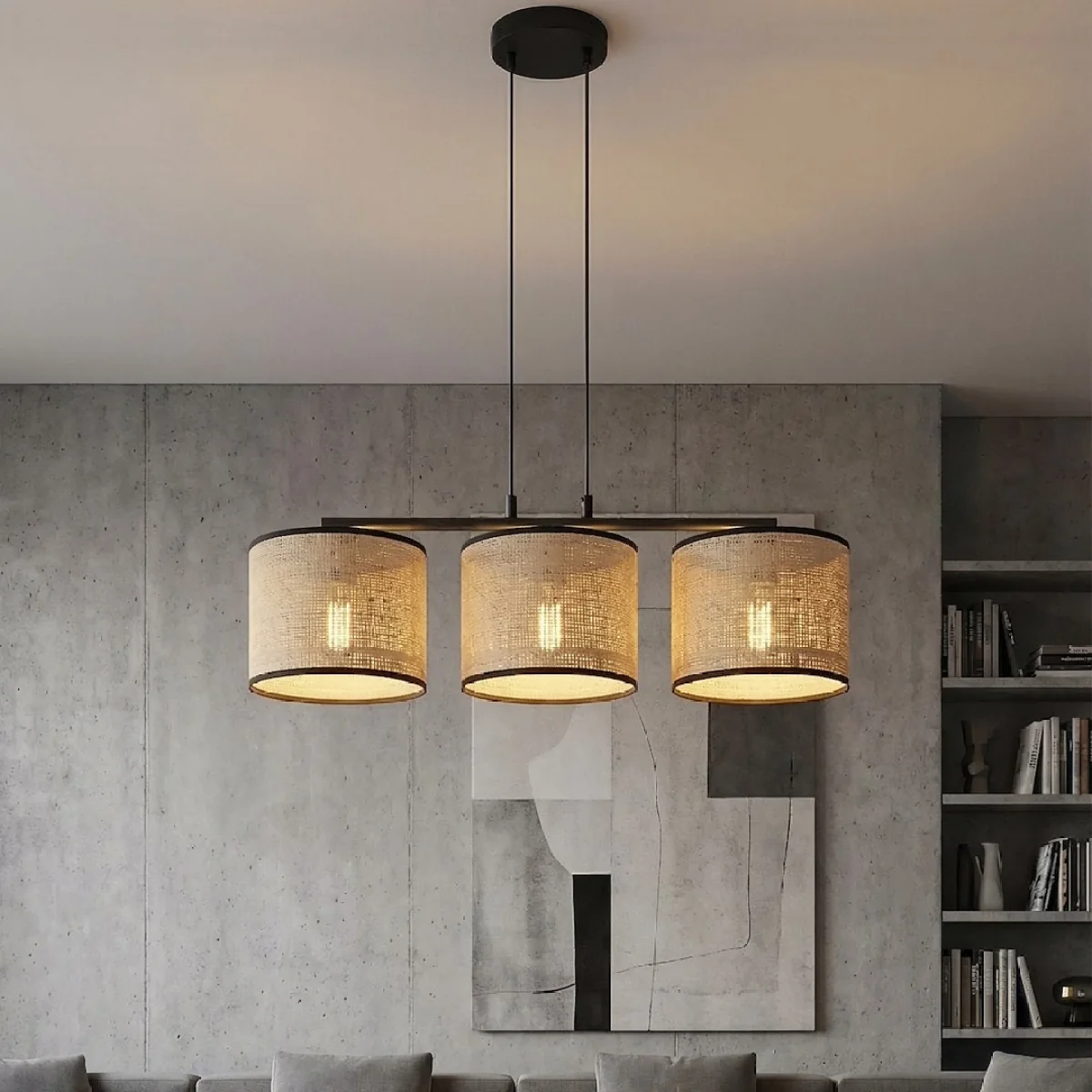 Eco 3 Light Linear Pendant Black & Rattan – image 1
