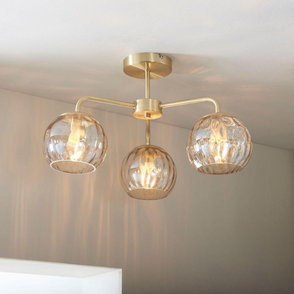 Dimple 3 Light Semi Flush Satin Brass Ceiling Light – image 4