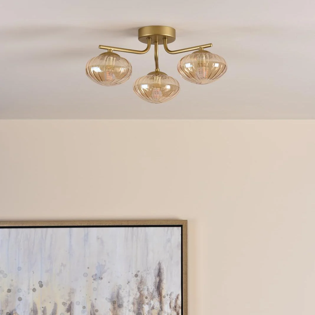 Ede 3 Light Satin Gold & Amber Glass Semi-Flush Ceiling Light – image 2