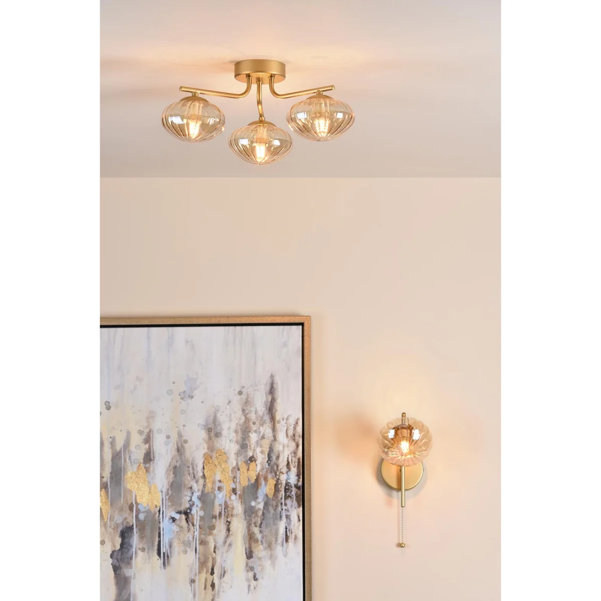 Ede 3 Light Satin Gold & Amber Glass Semi-Flush Ceiling Light – image 6