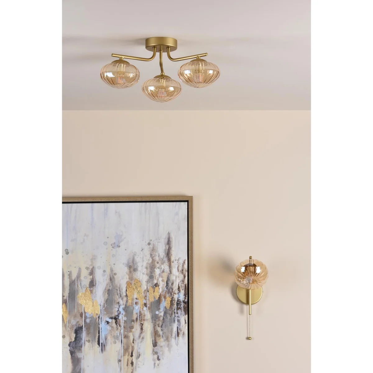 Ede 3 Light Satin Gold & Amber Glass Semi-Flush Ceiling Light – image 7
