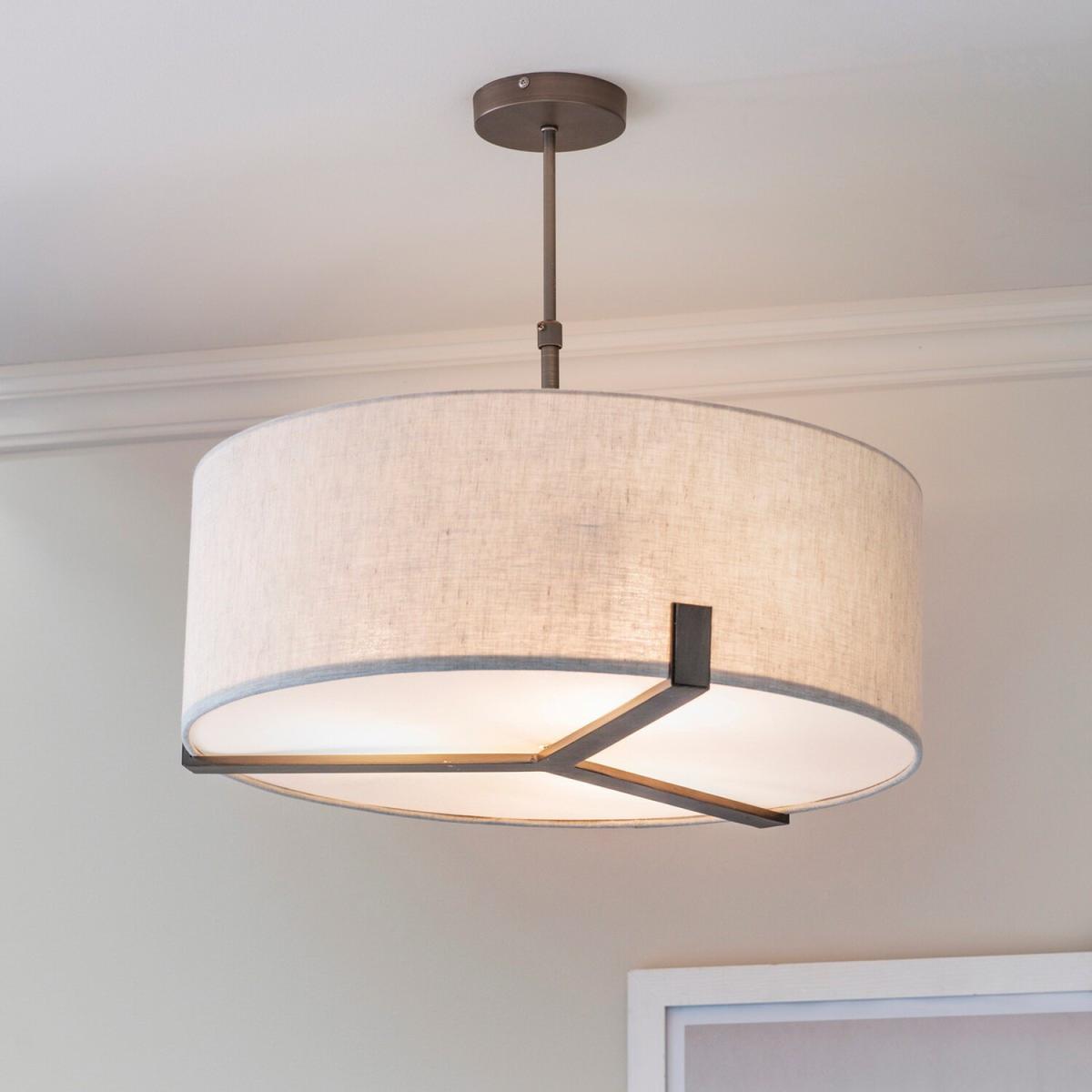 Hayfield Cylindrical Pendant Brushed Bronze Effect Plate  Natural Linen 3 Light - Brushed bronze effect plate & natural linen – image 2