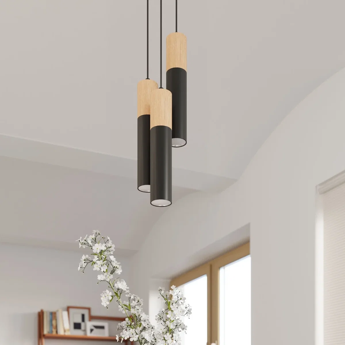 Pendant lamp PABLO 3P black - white/natural wood – image 5