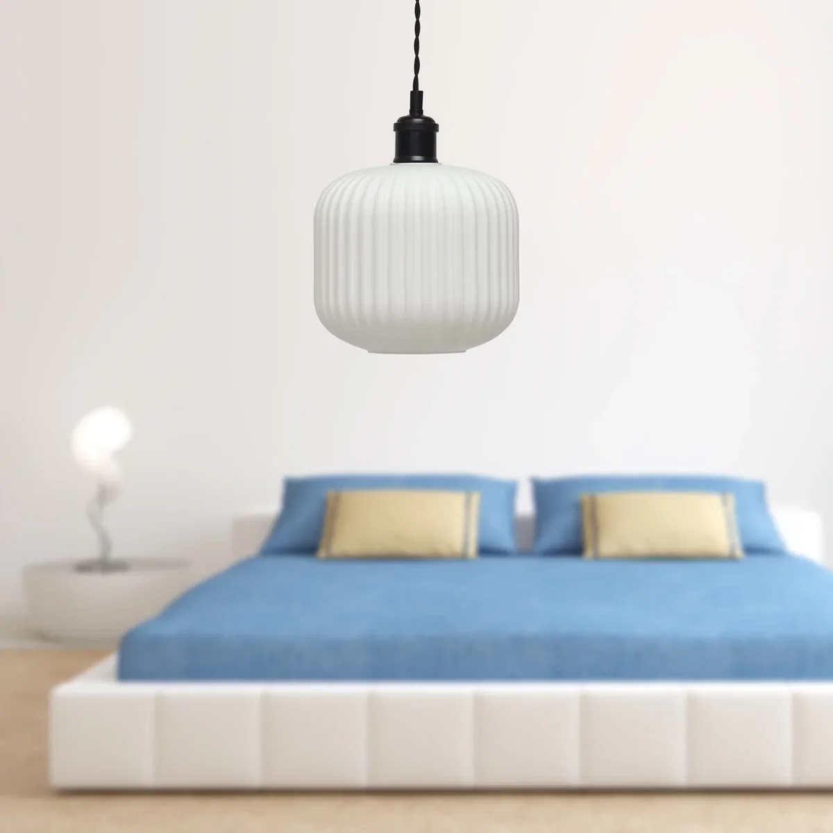 Set Of 2 Bento White Ribbed Glass Black Retro Pendant Fittings - Black & White – image 3
