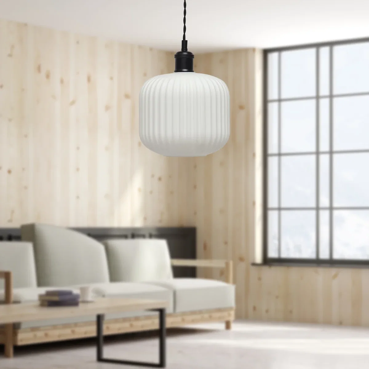 Set Of 2 Bento White Ribbed Glass Black Retro Pendant Fittings - Black & White – image 4