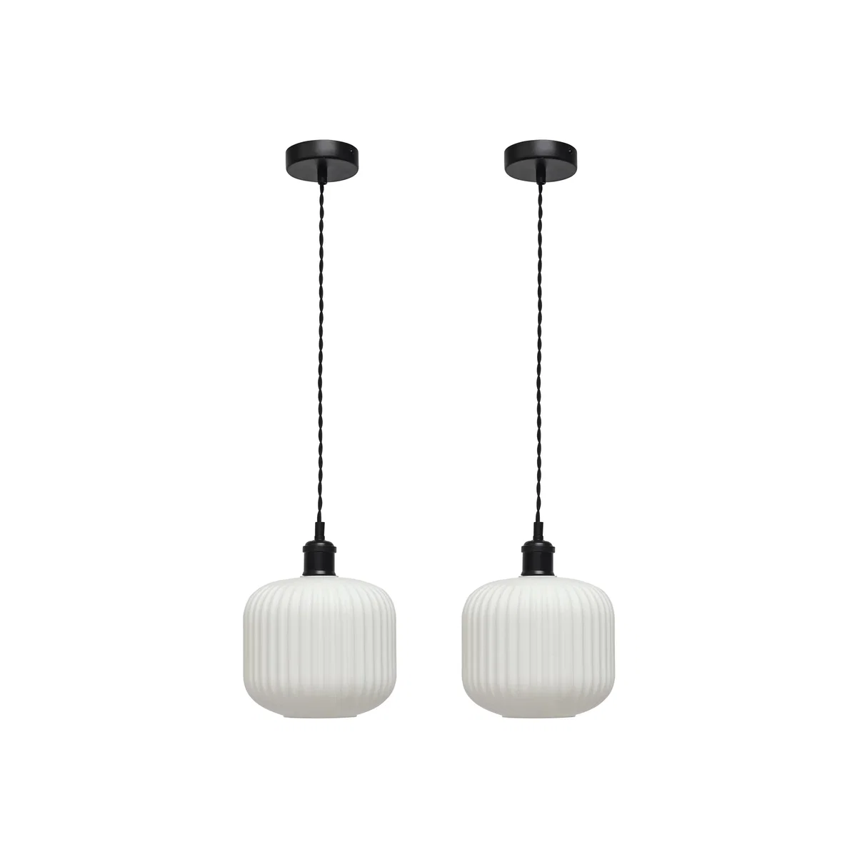Set Of 2 Bento White Ribbed Glass Black Retro Pendant Fittings - Black & White – image 1