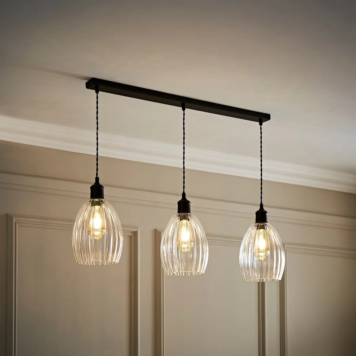Cheltenham 3 Drop Bar Ceiling Light with Ribbed Shades - Matte Black / 88cm / 3 – image 2