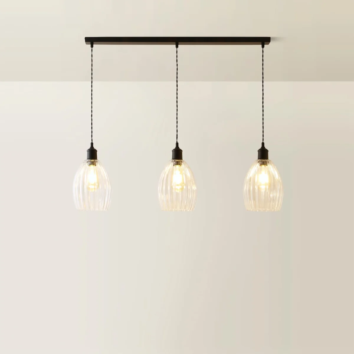 Cheltenham 3 Drop Bar Ceiling Light with Ribbed Shades - Matte Black / 88cm / 3 – image 3