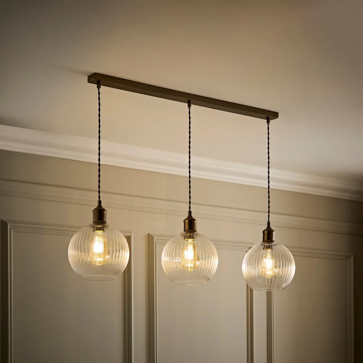 Maddison Clear Ribbed Glass Shade 3 Drop Diner Ceiling Pendant Light - Brushed Brass / 3 – image 4