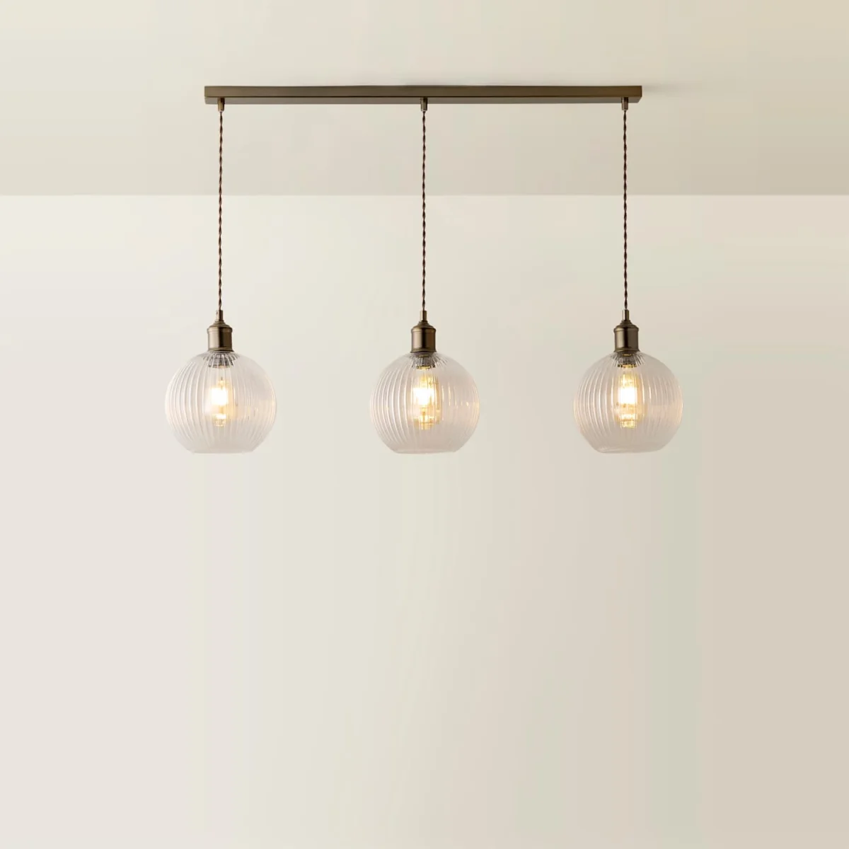 Maddison Clear Ribbed Glass Shade 3 Drop Diner Ceiling Pendant Light - Brushed Brass / 3 – image 5