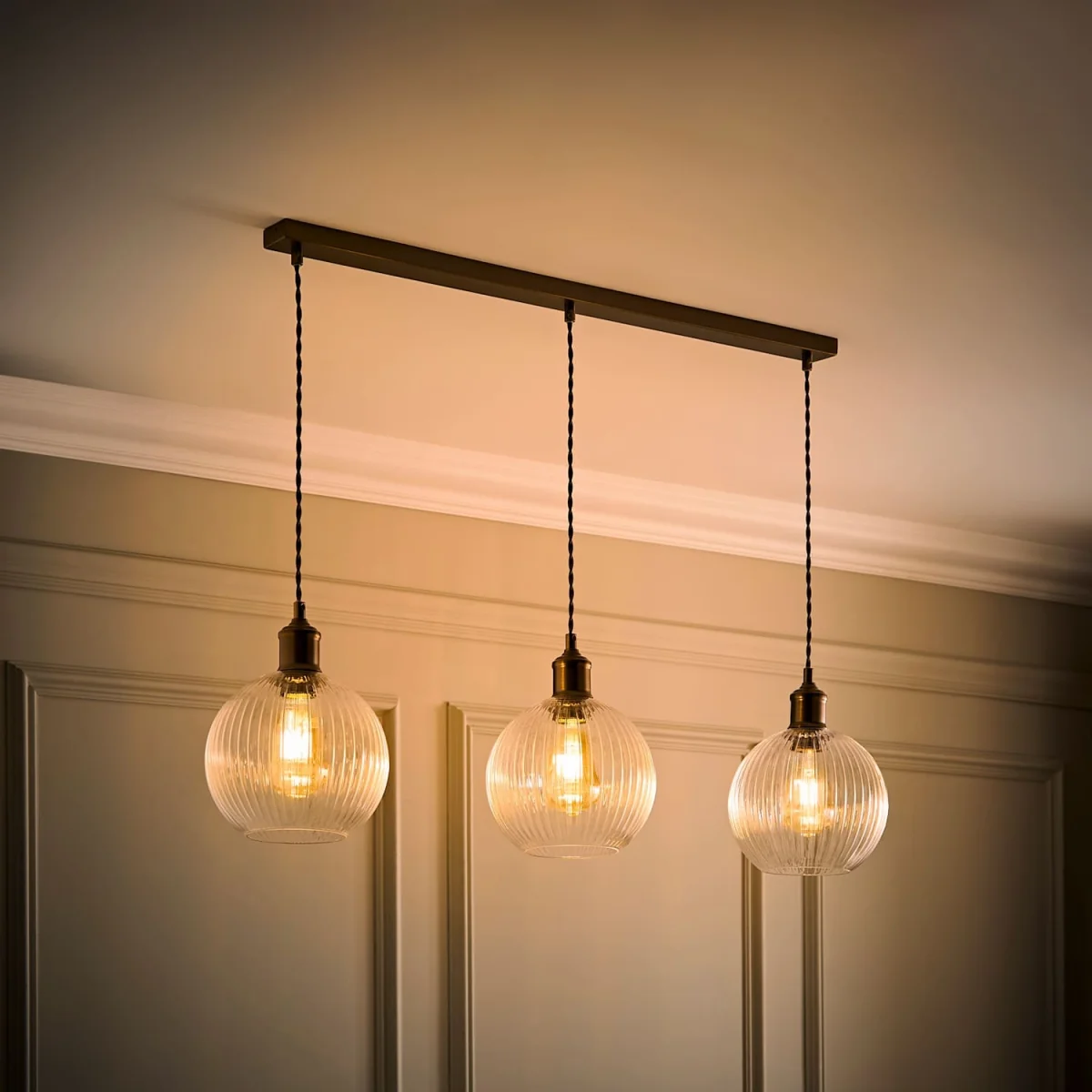 Maddison Clear Ribbed Glass Shade 3 Drop Diner Ceiling Pendant Light - Brushed Brass / 3 – image 1