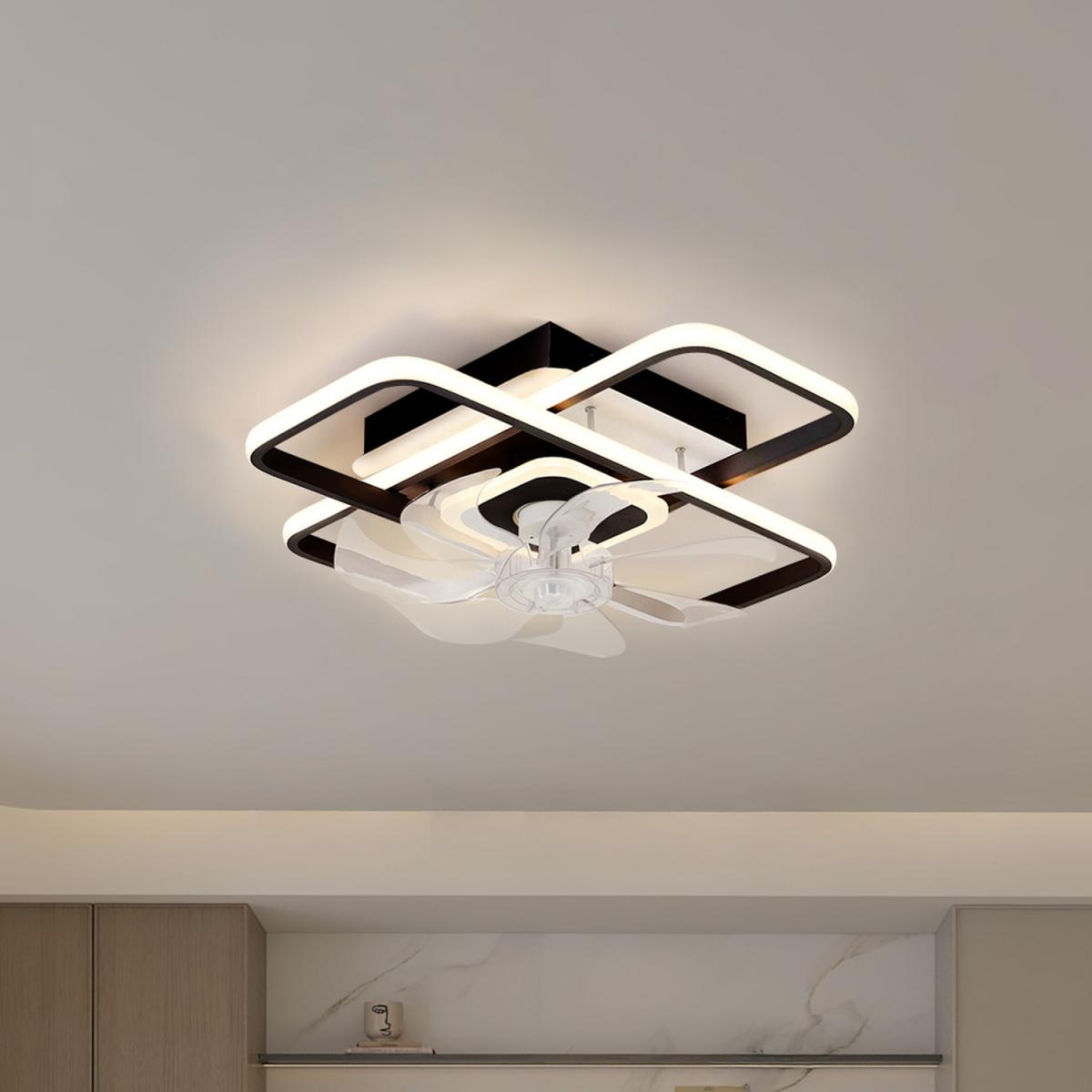 Livingandhome RGB Square Frame Ceiling Fan Light with Remote Control - Black+ Transparent