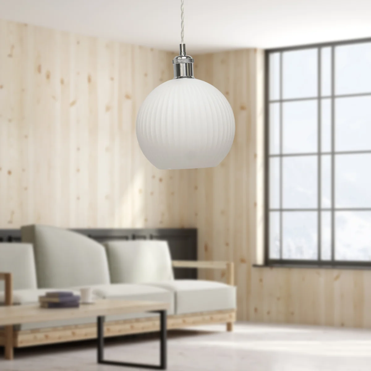 Betchley Ceiling Single Pendant Light - White Glass With Polished Chrome Plate Detail – image 4