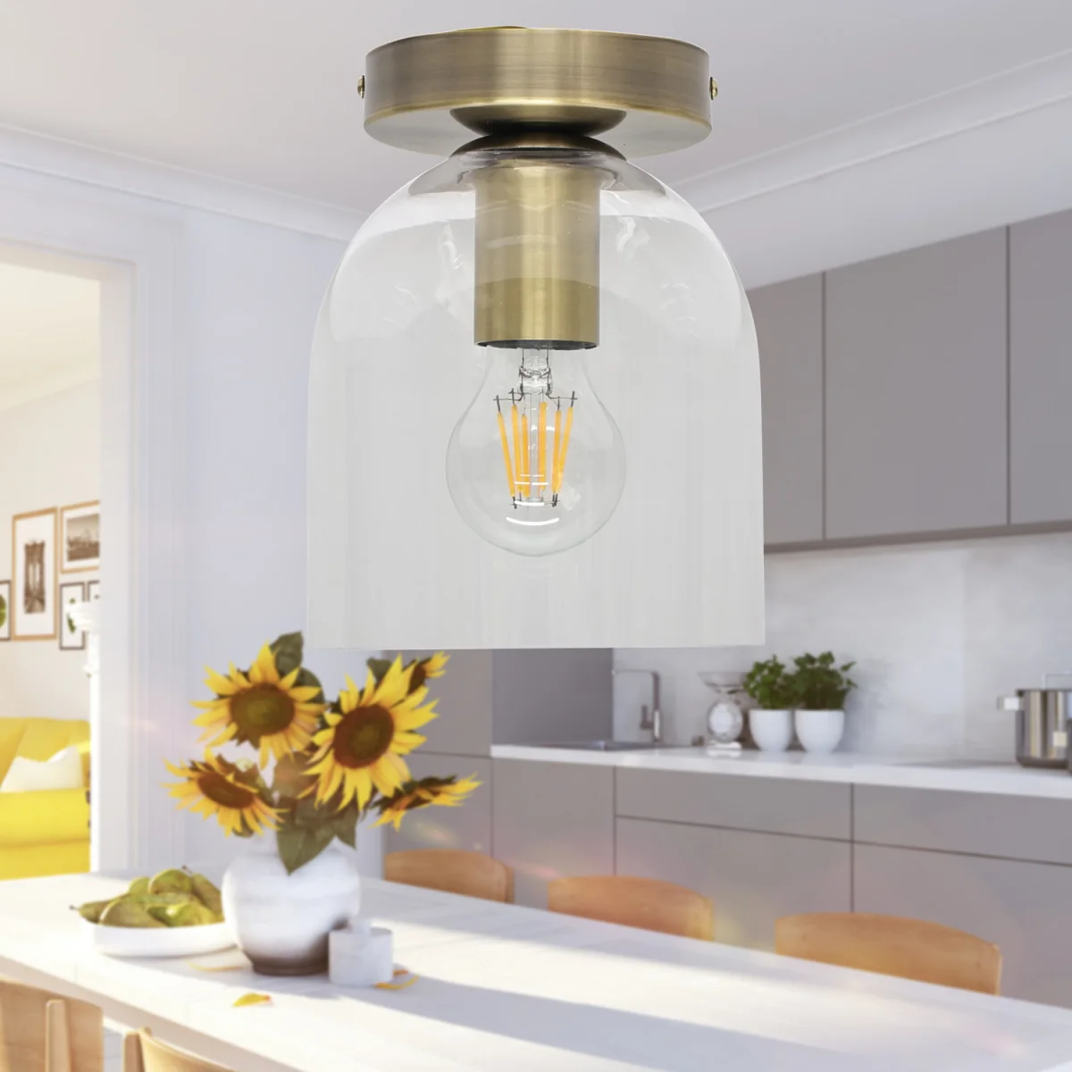 Belten Flush Ceiling Light - Clear Glass With Antique Brass Plate Detail – image 2