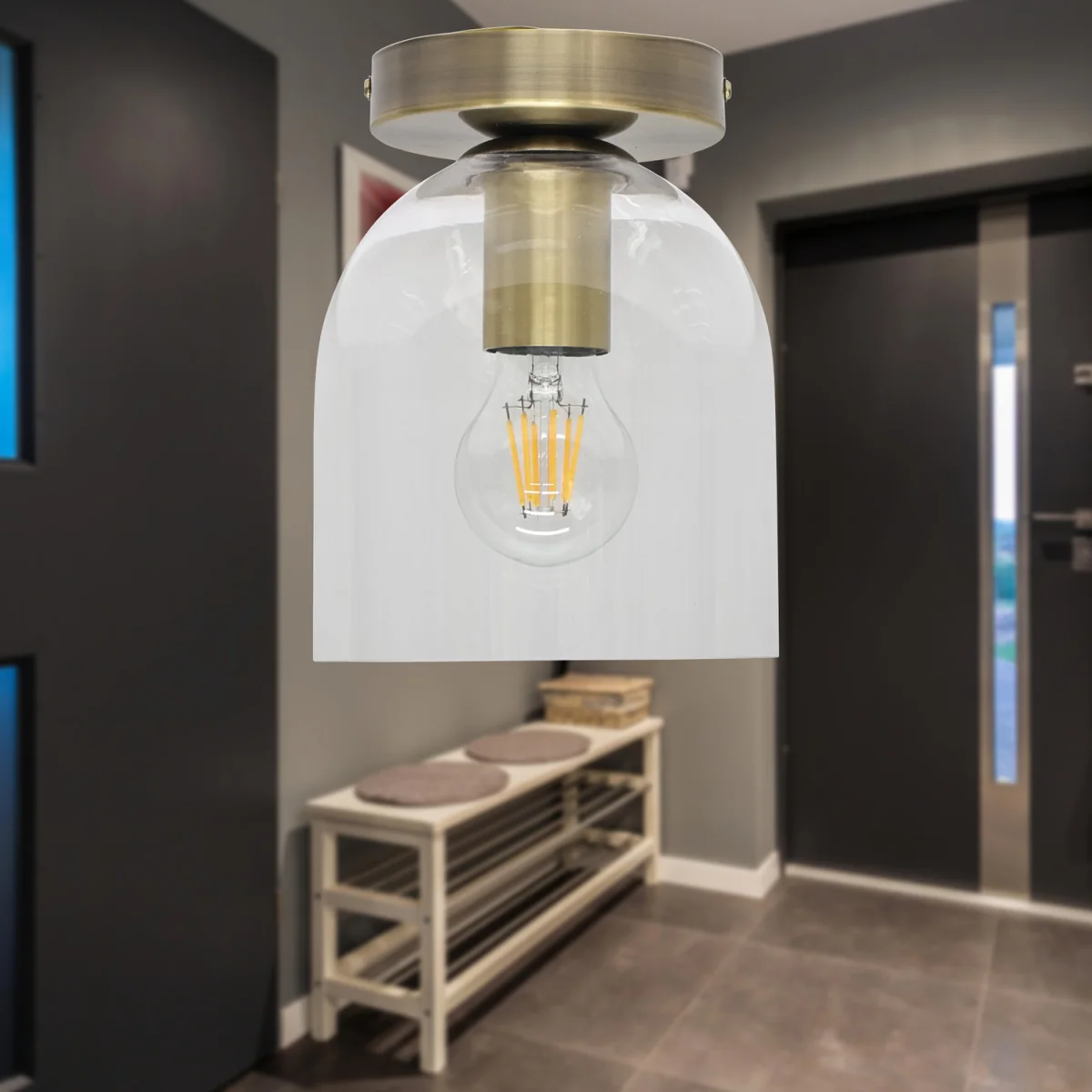 Belten Flush Ceiling Light - Clear Glass With Antique Brass Plate Detail – image 4