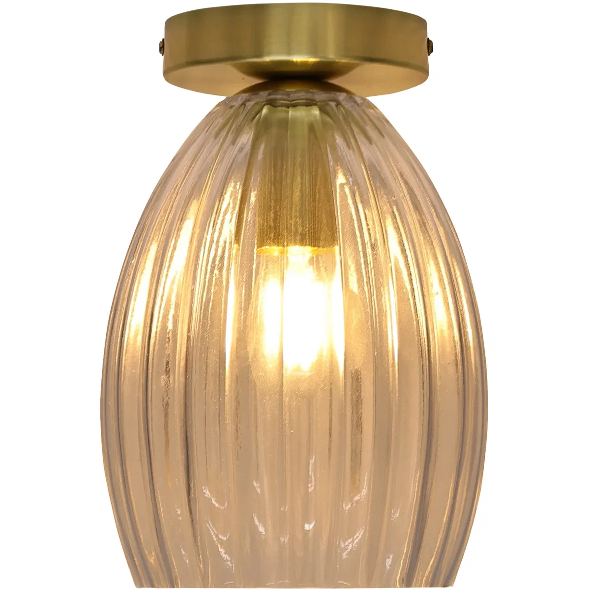 Set Of 2 Birch Flush Ceiling Lights - Clear Ribbed Glass With Satin Brass Plate Detail – image 4