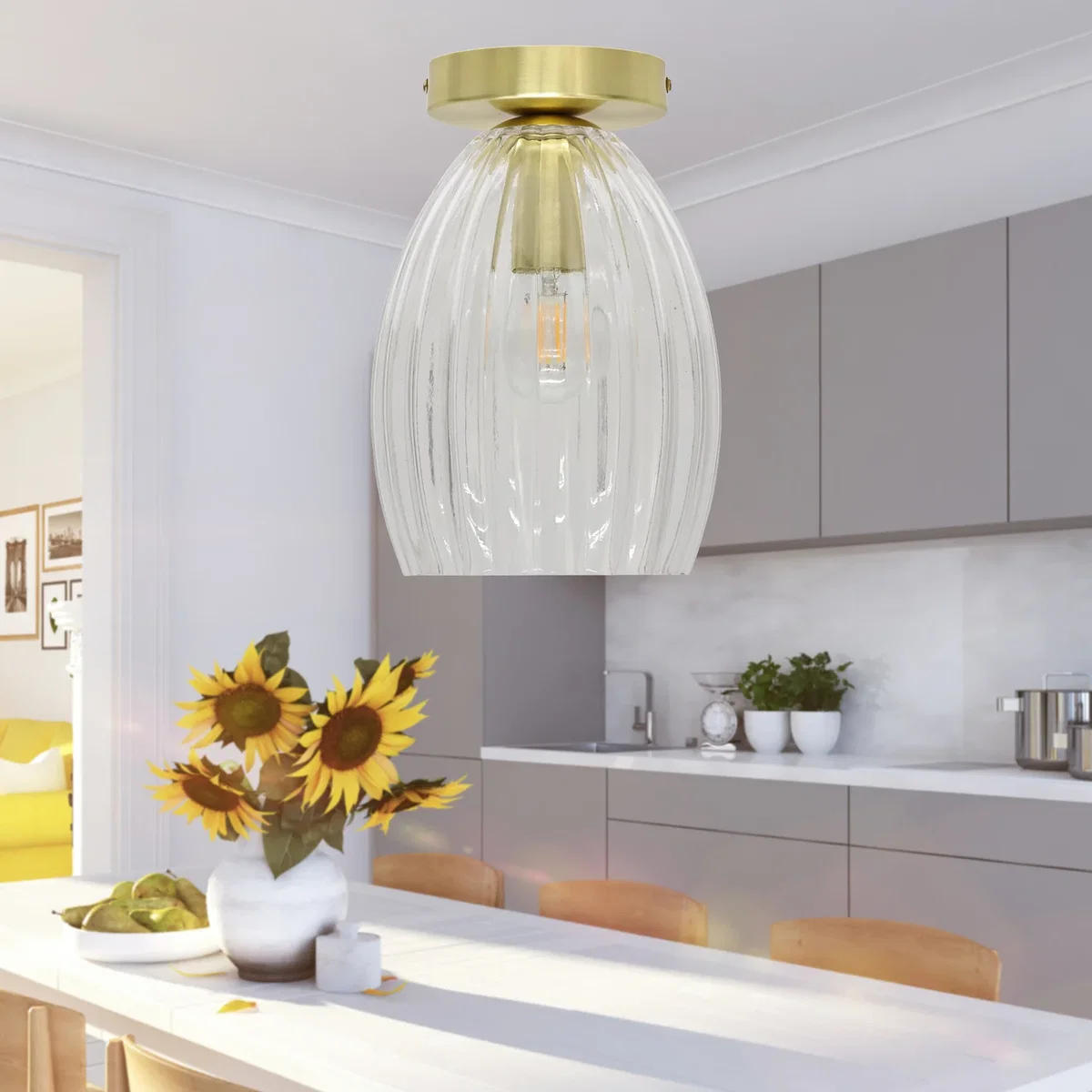 Set Of 2 Birch Flush Ceiling Lights - Clear Ribbed Glass With Satin Brass Plate Detail – image 5