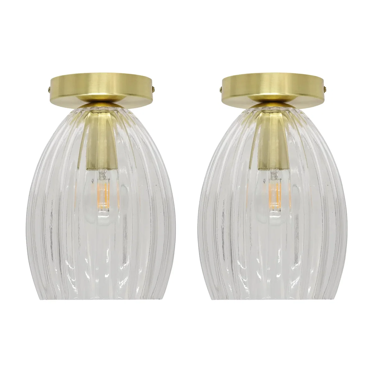 Set Of 2 Birch Flush Ceiling Lights - Clear Ribbed Glass With Satin Brass Plate Detail – image 1