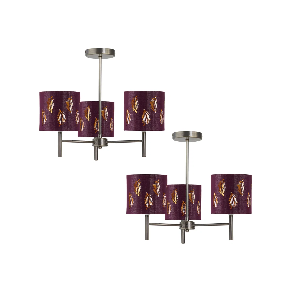 Set Of 2 Brea Antique Brass 3 Light Fittings With Burgundy Shades - Antique Brass & Burgundy – image 1