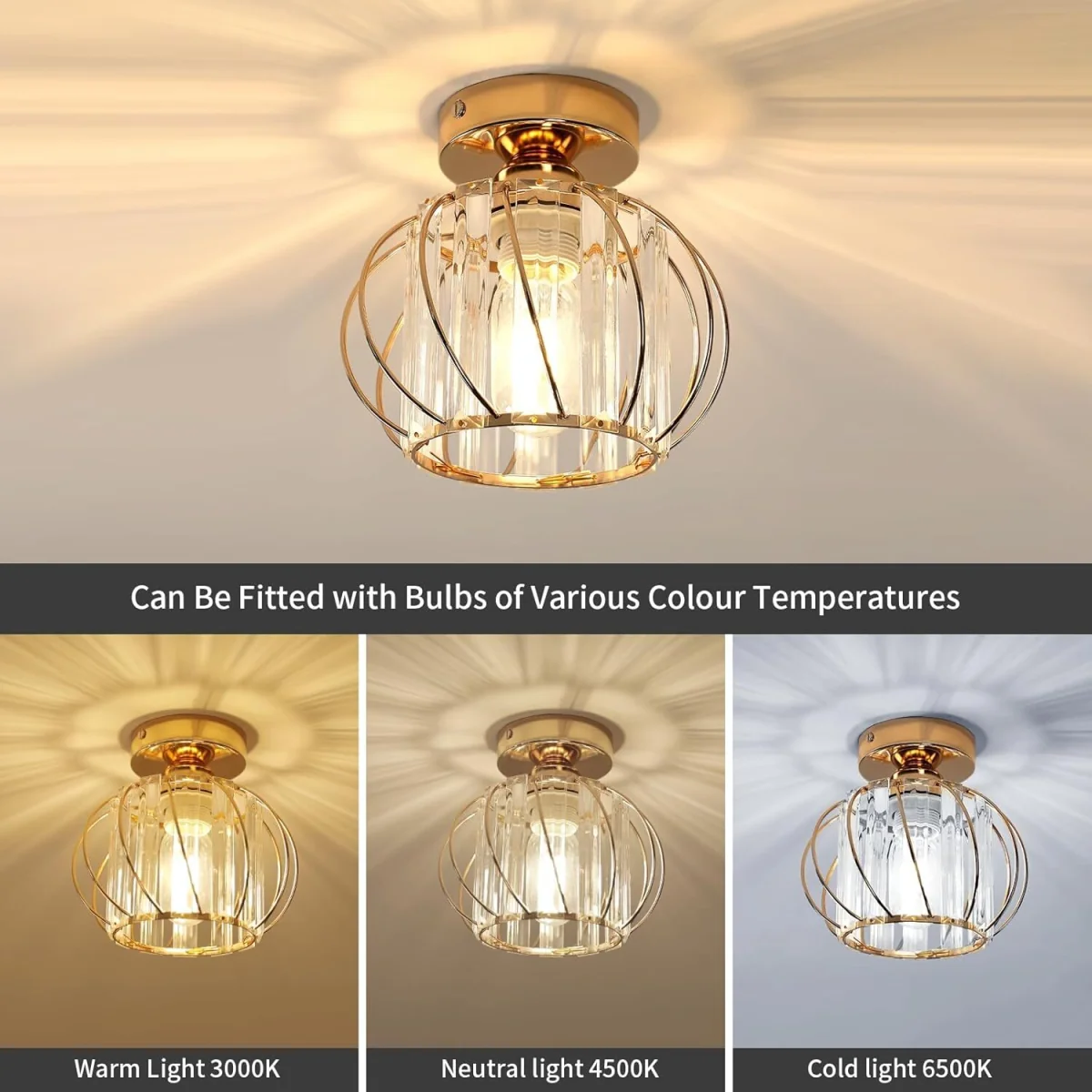 GOECO Modern Crystal Cage-Shaped Lampshade Ceiling Light-Black - Gold – image 6