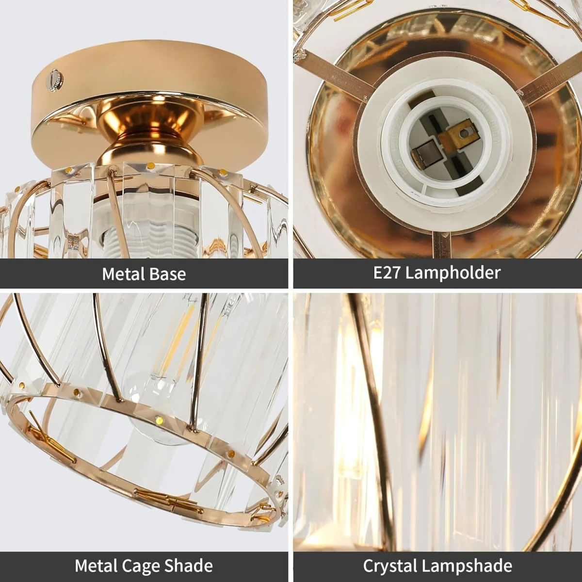 GOECO Modern Crystal Cage-Shaped Lampshade Ceiling Light-Black - Gold – image 7