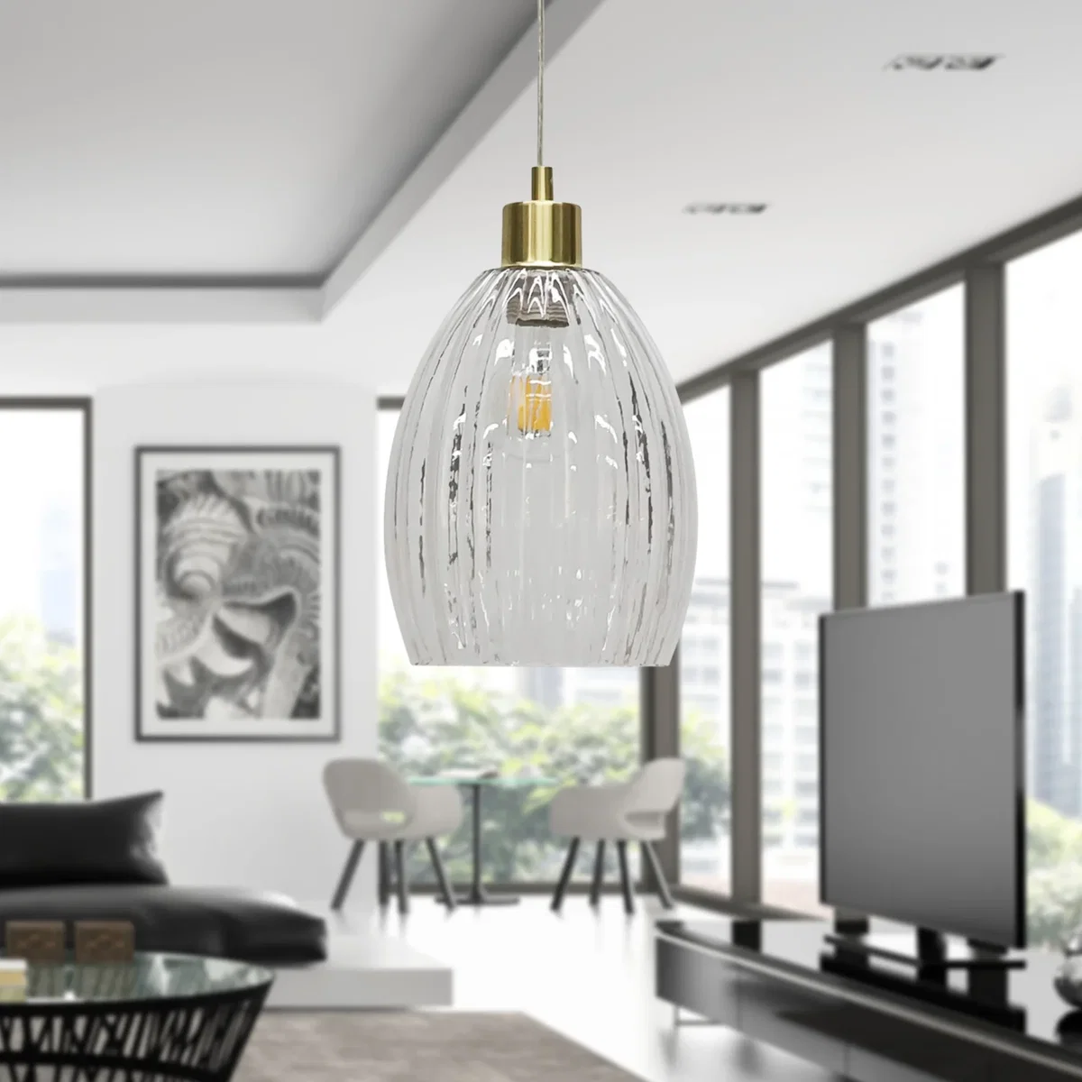 Birch Clear Fluted Glass With Satin Brass Pendant Fitting - Satin Brass & Clear – image 4