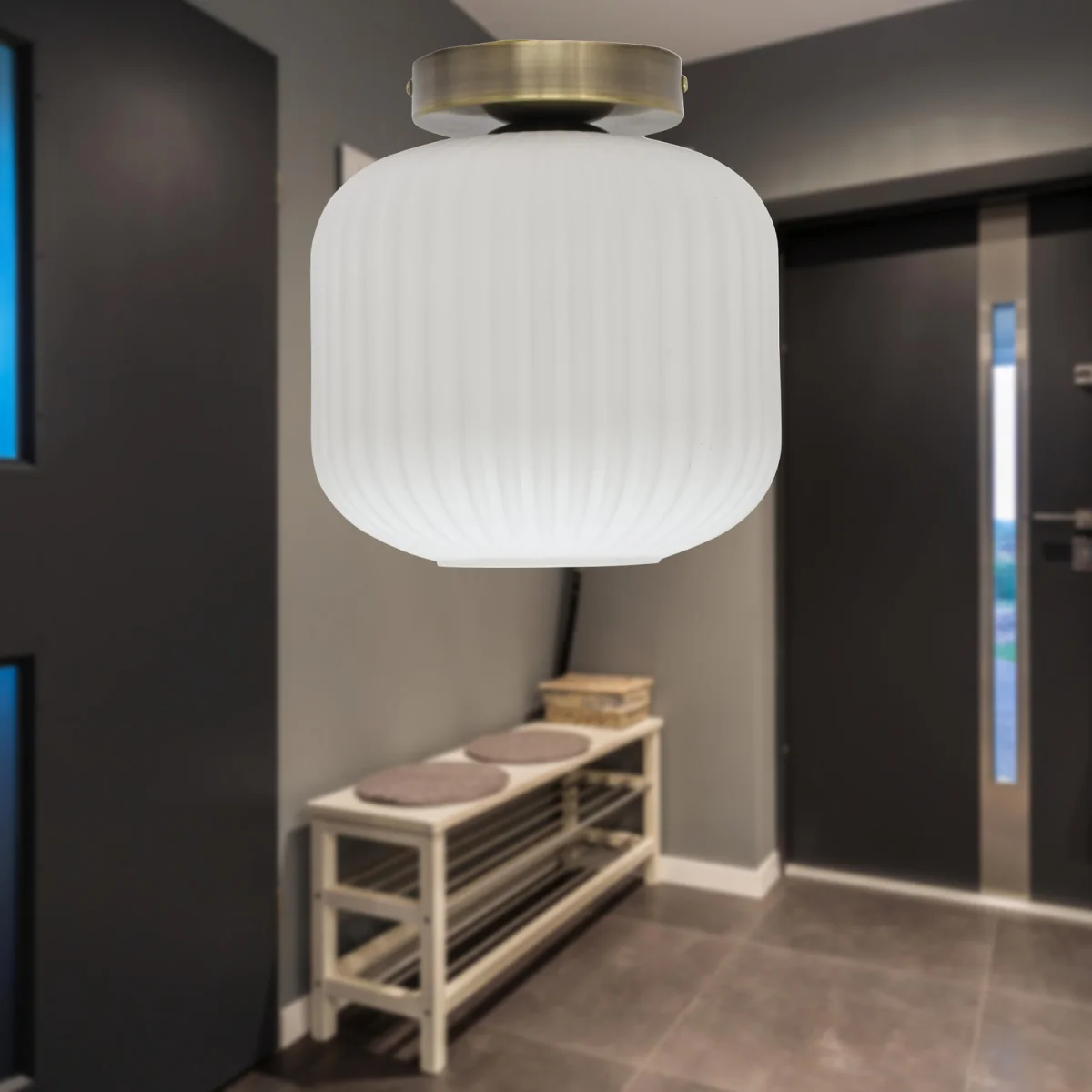 Bento Flush Ceiling Light - White Ribbed Glass With Antique Brass Plate Detail – image 2