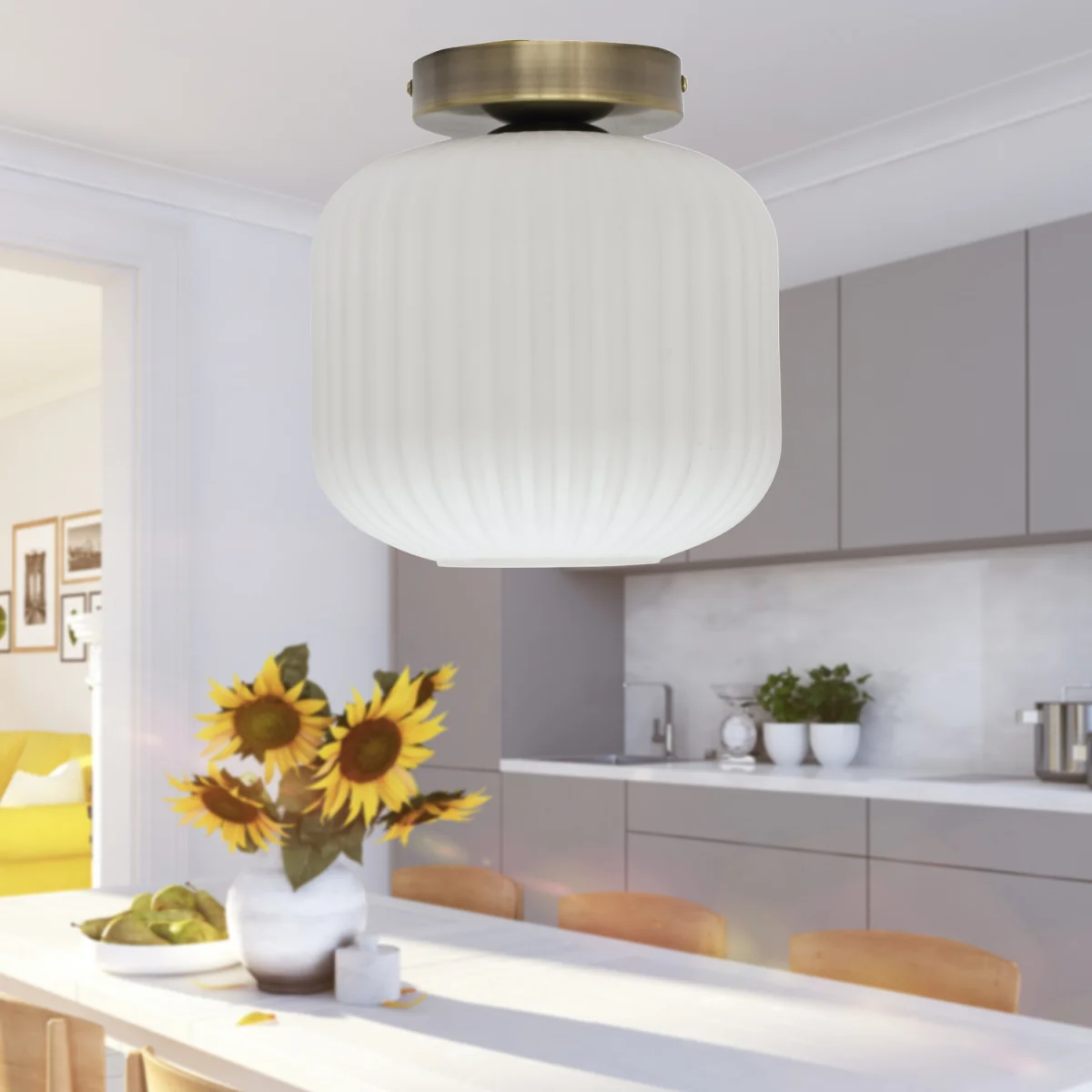 Bento Flush Ceiling Light - White Ribbed Glass With Antique Brass Plate Detail – image 4