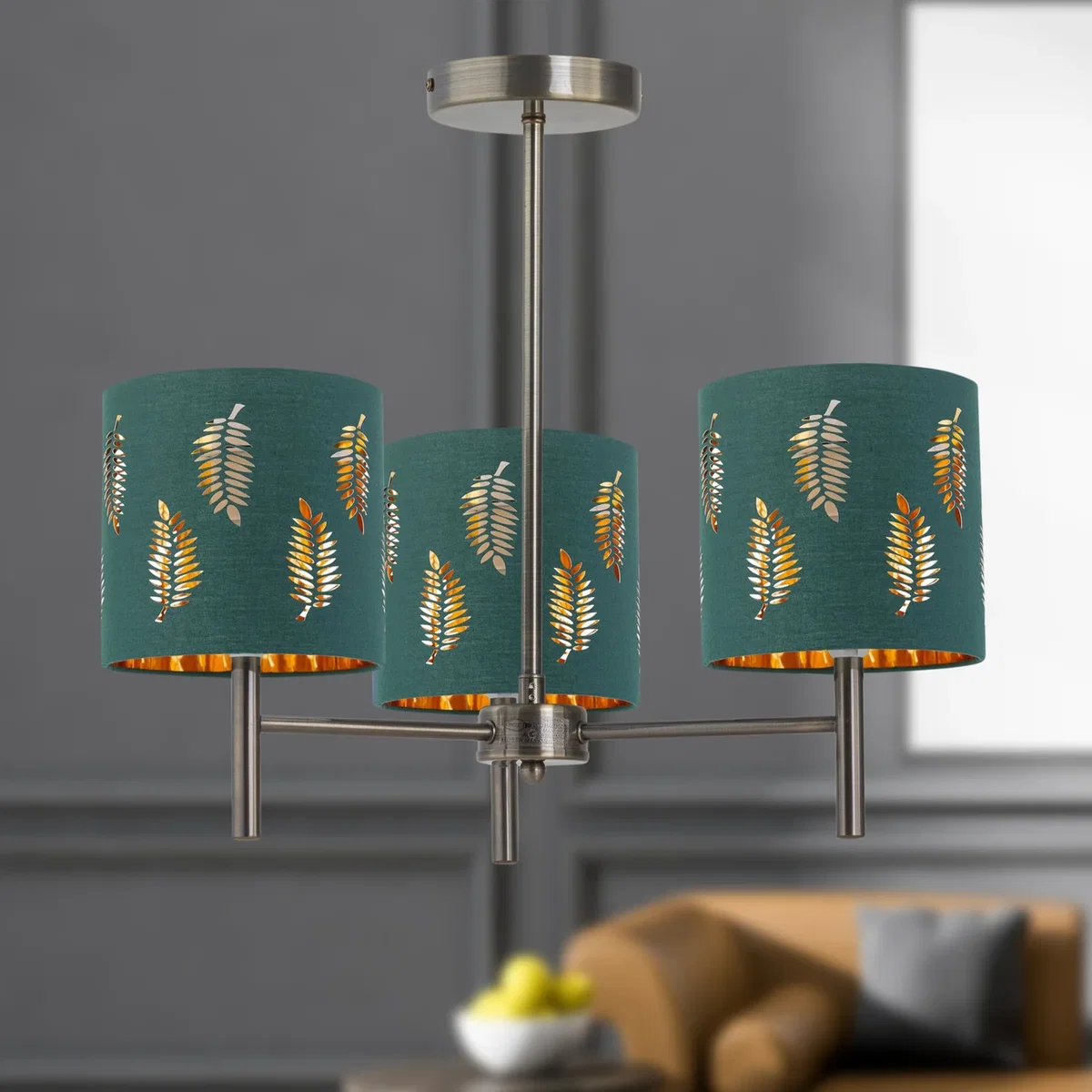 Set Of 2 Brea Antique Brass Light Fittings & Dark Green Fern Shades - Antique Brass & Green – image 3