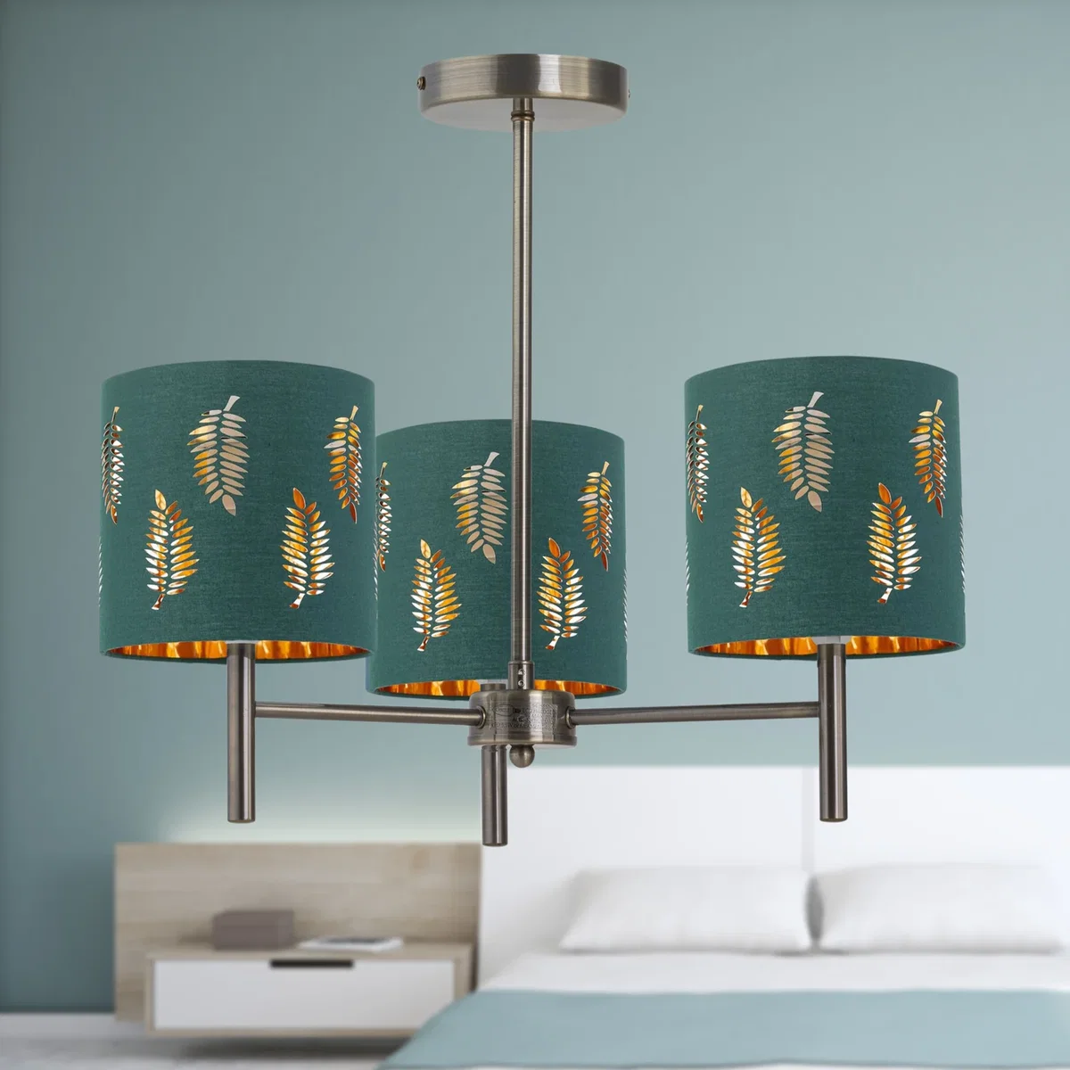 Set Of 2 Brea Antique Brass Light Fittings & Dark Green Fern Shades - Antique Brass & Green – image 4