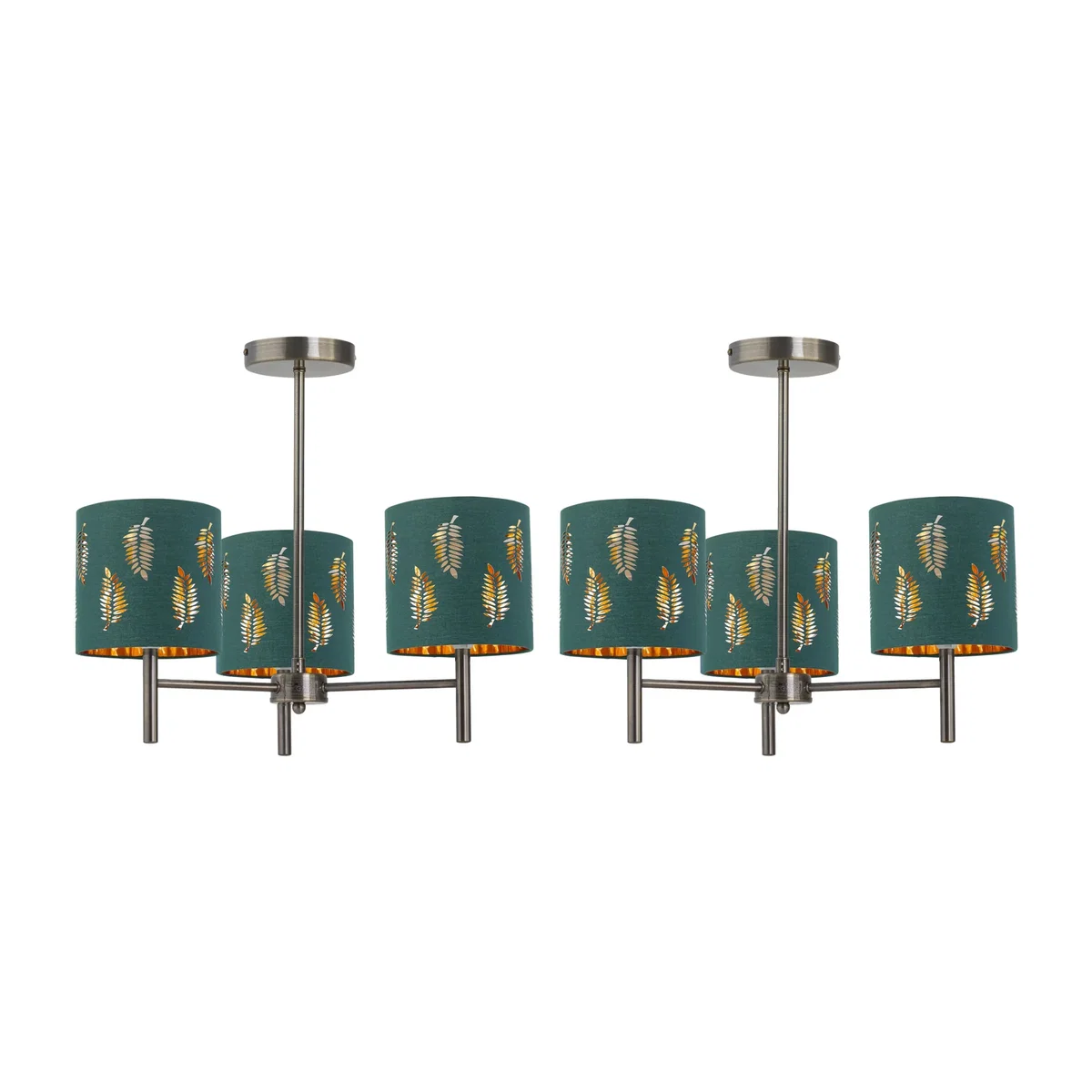 Set Of 2 Brea Antique Brass Light Fittings & Dark Green Fern Shades - Antique Brass & Green – image 1