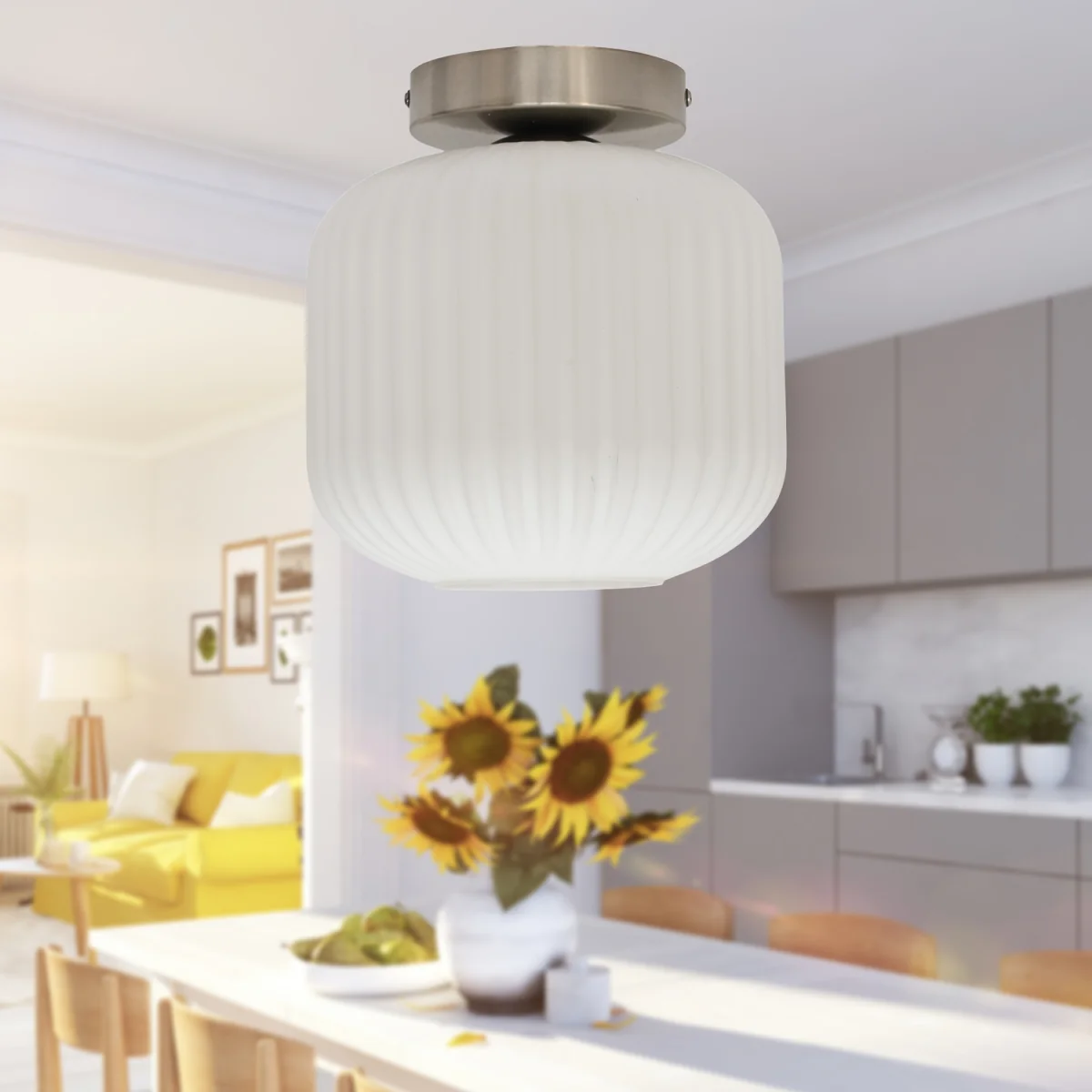 Set Of 2 Bento White Glass Satin Nickel Ceiling Light Fittings - Satin Nickel & White – image 4