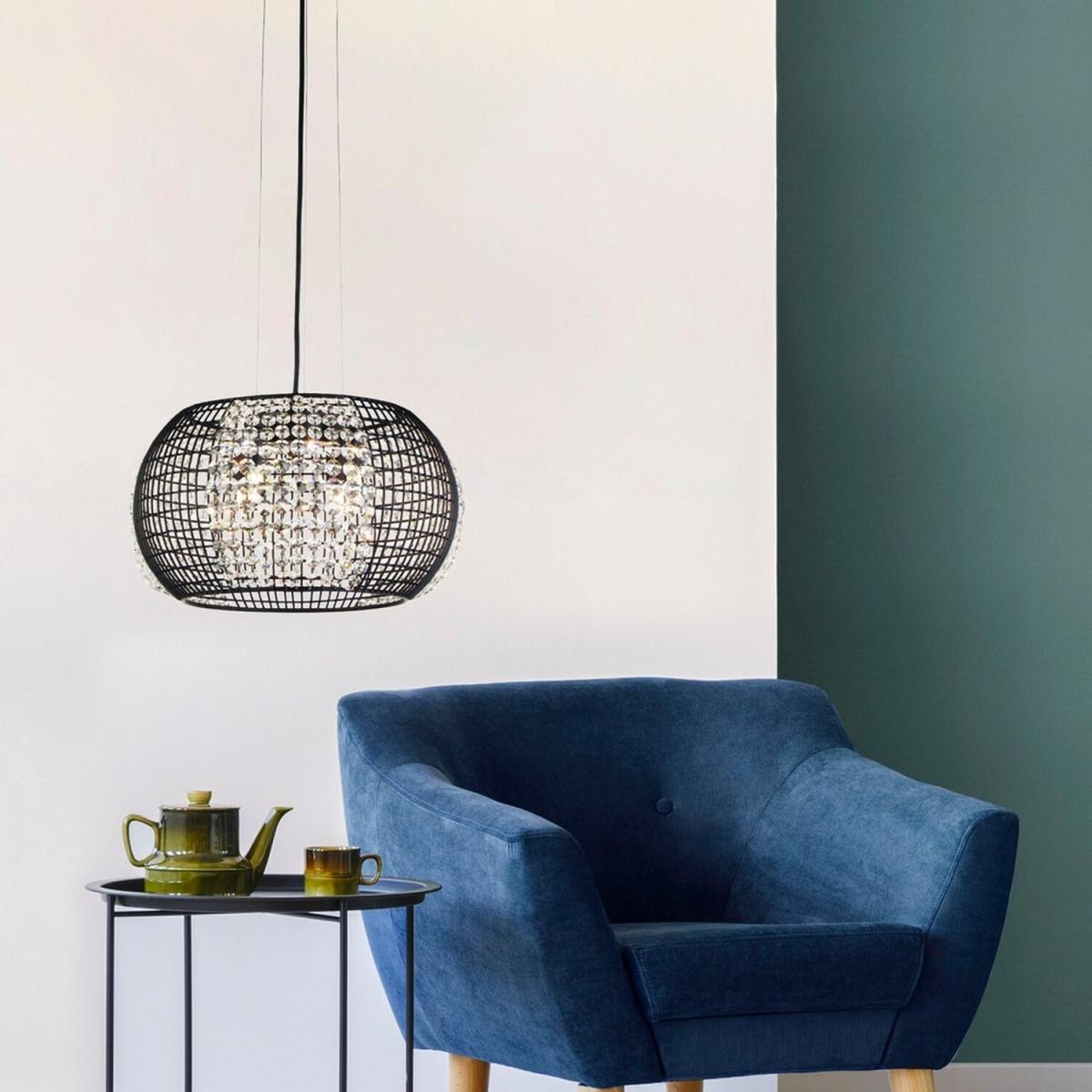 Cage 4 Light Black Drum Ceiling Pendant with Crystal Glass Panels - Matt Black – image 3