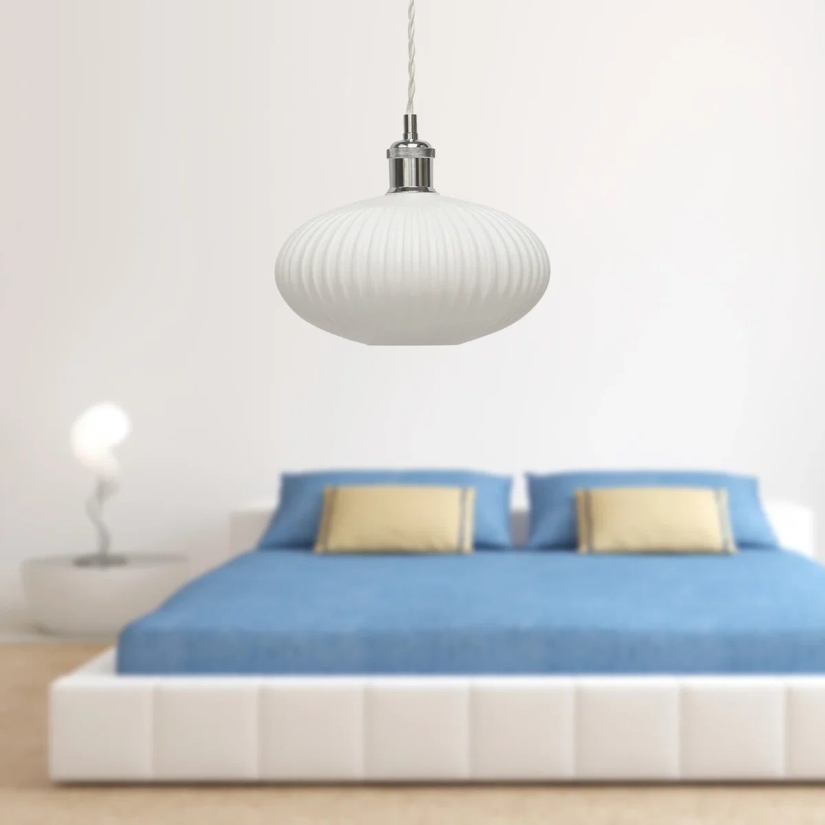 Set Of 2 Baton White Ribbed Oval Glass Chrome Retro Pendant Fittings - Chrome & White – image 3