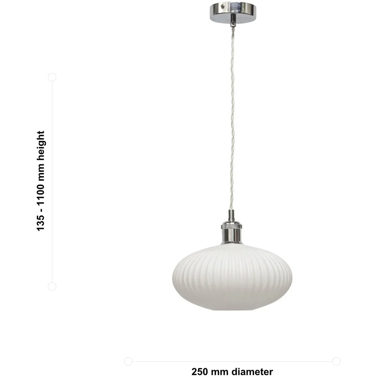 Set Of 2 Baton White Ribbed Oval Glass Chrome Retro Pendant Fittings - Chrome & White – image 6