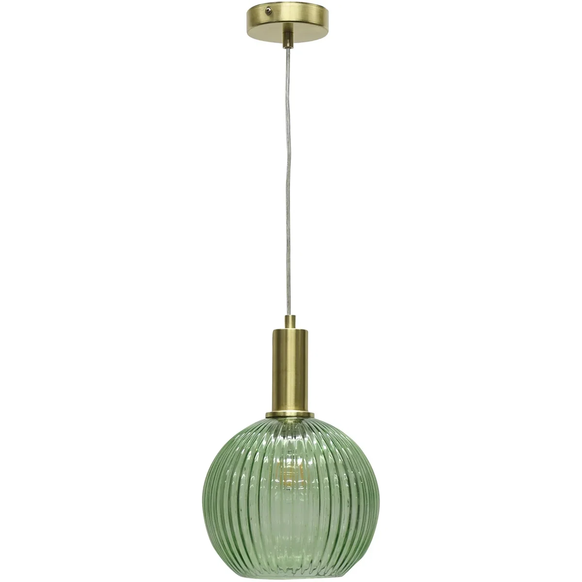 Set Of 2 Betchley Green Ribbed Glass Globe Satin Brass Deco Pendants - Satin Brass & Green – image 2