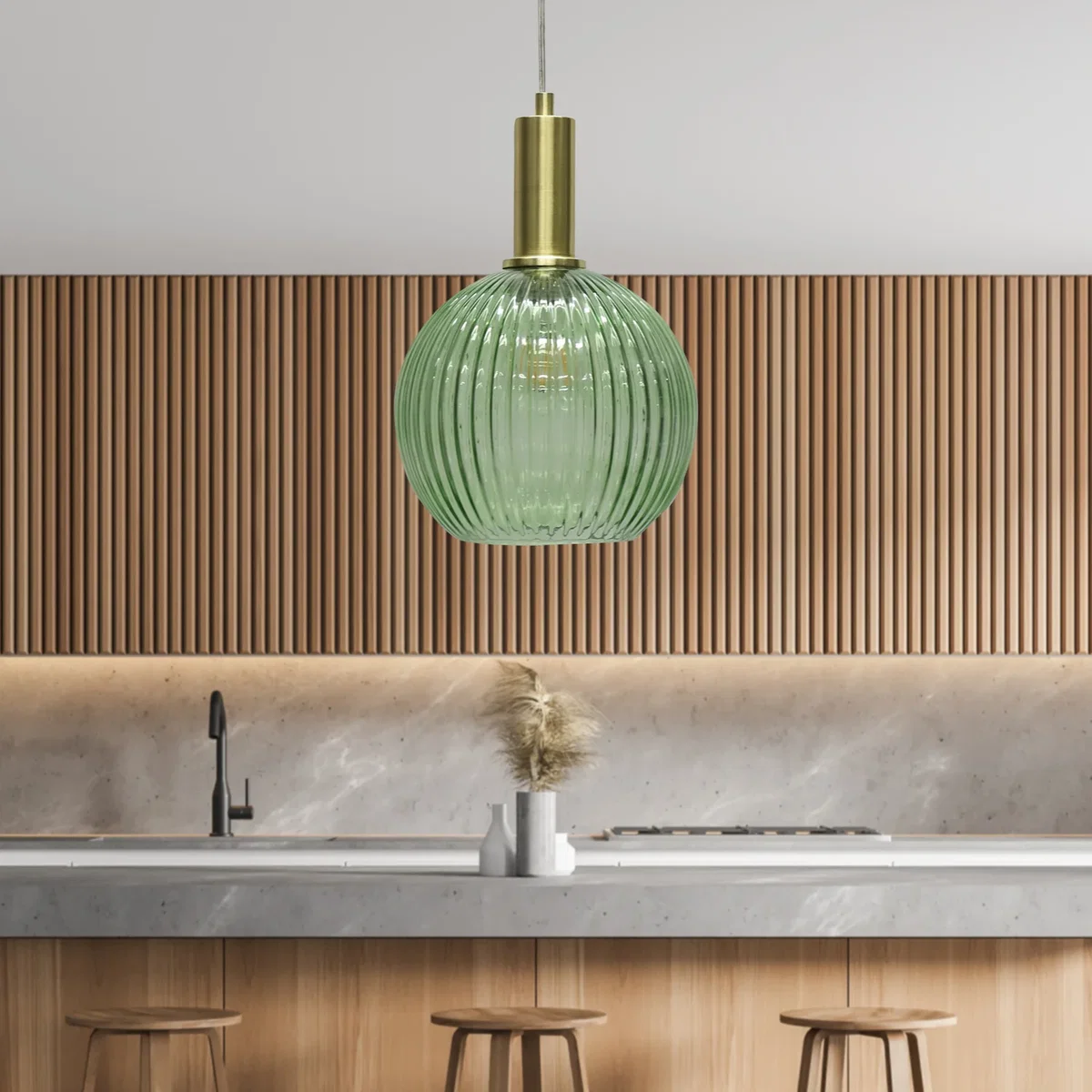 Set Of 2 Betchley Green Ribbed Glass Globe Satin Brass Deco Pendants - Satin Brass & Green – image 4