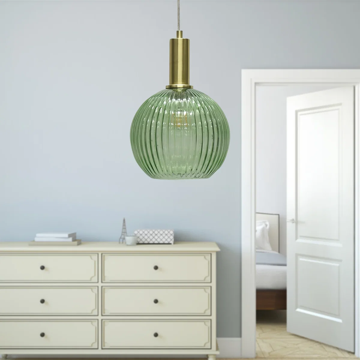 Set Of 2 Betchley Green Ribbed Glass Globe Satin Brass Deco Pendants - Satin Brass & Green – image 5