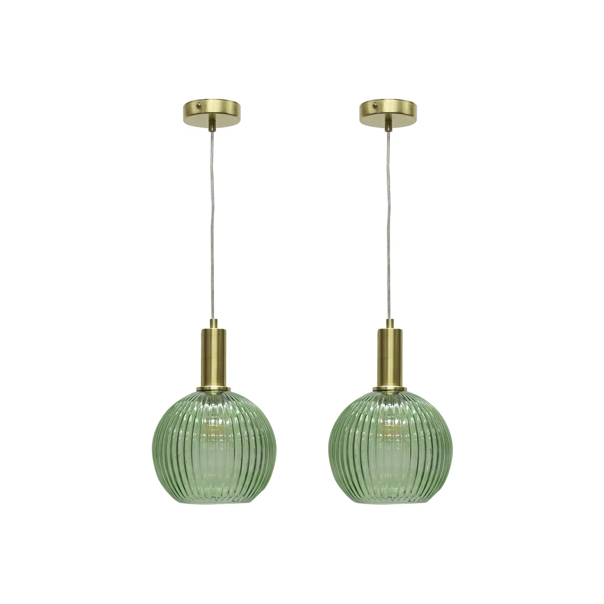 Set Of 2 Betchley Green Ribbed Glass Globe Satin Brass Deco Pendants - Satin Brass & Green – image 1