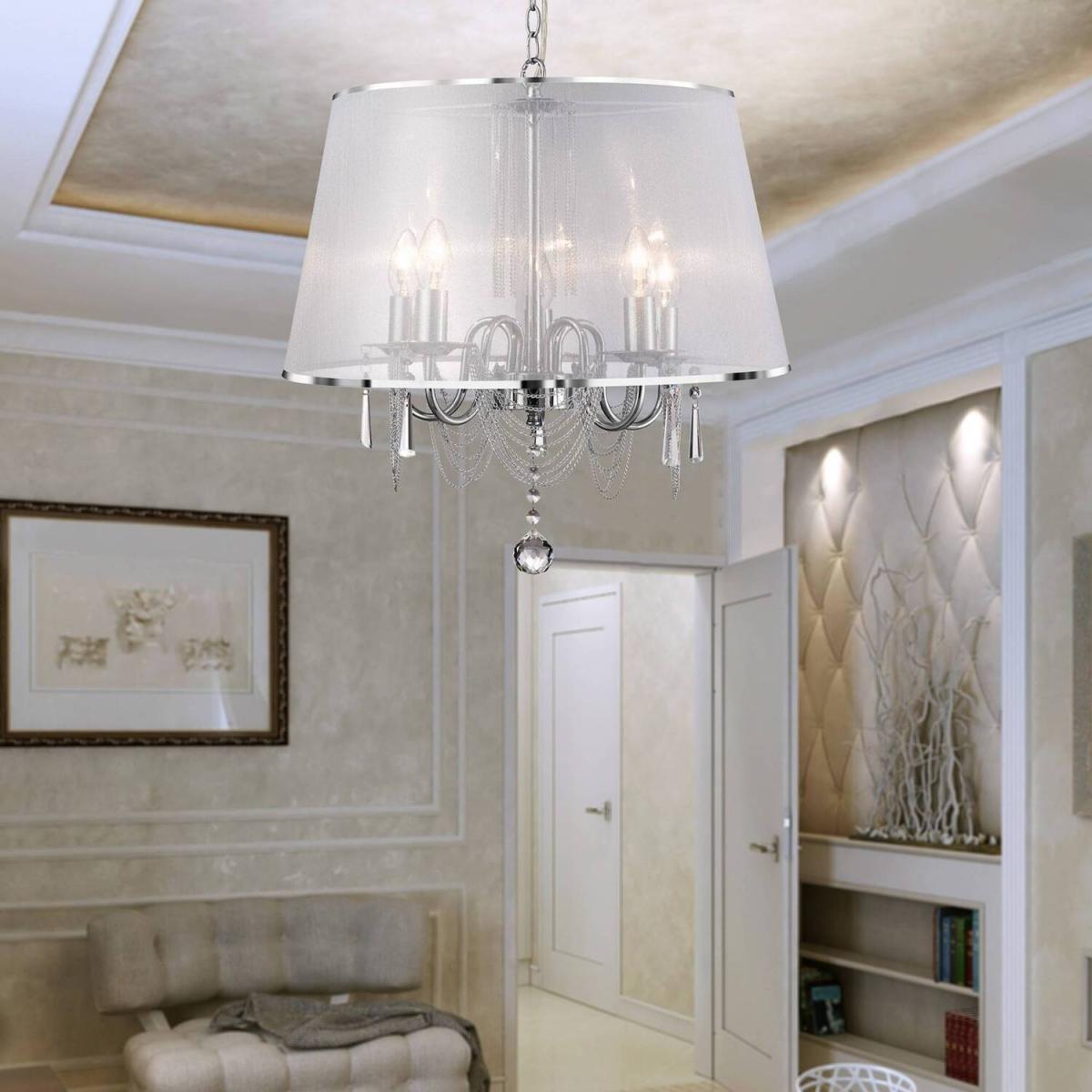 Venetian 5 Light Multi Arm Ceiling Pendant Chrome, Crystals with Shade, E14 - Chrome / 140cm – image 2