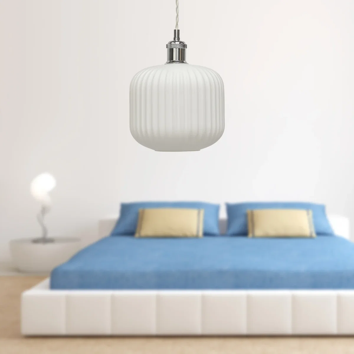 Bento White Ribbed Glass Chrome Retro Pendant Fitting - Chrome & White – image 3