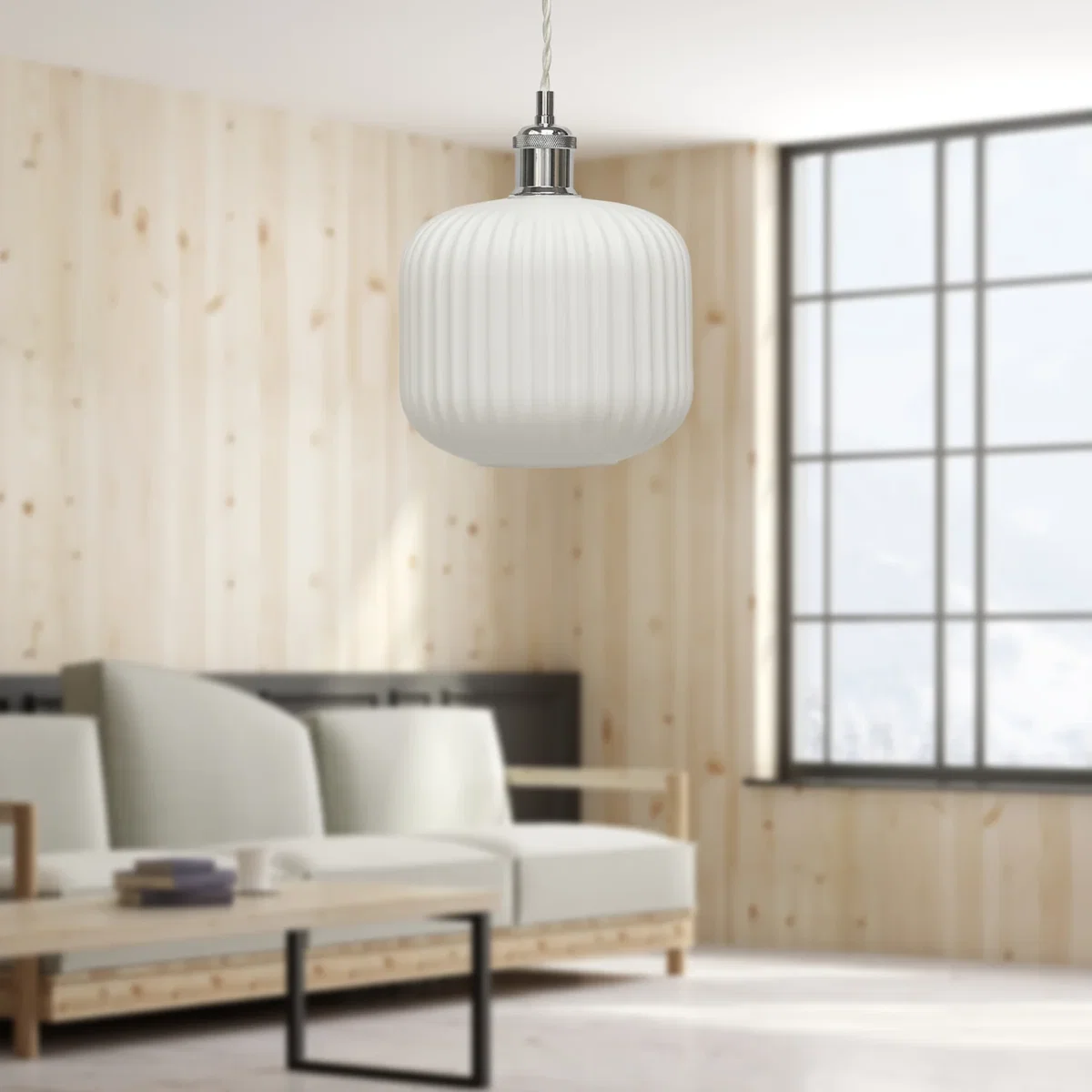 Bento White Ribbed Glass Chrome Retro Pendant Fitting - Chrome & White – image 4