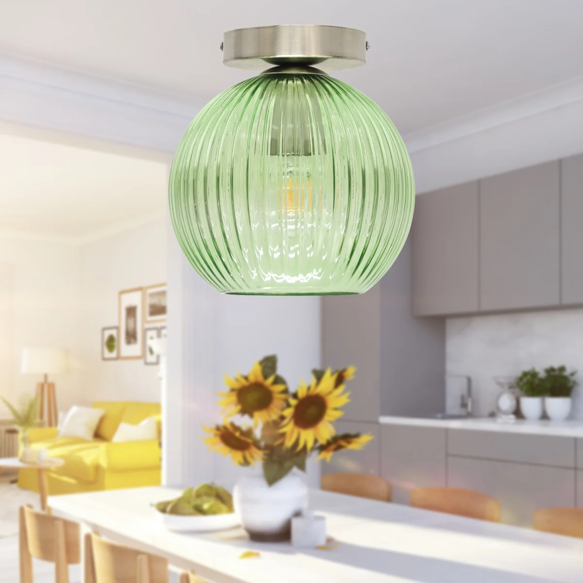 Set Of 2 Betchley Green Glass Globe Satin Nickel Ceiling Lights - Satin Nickel & Green – image 3