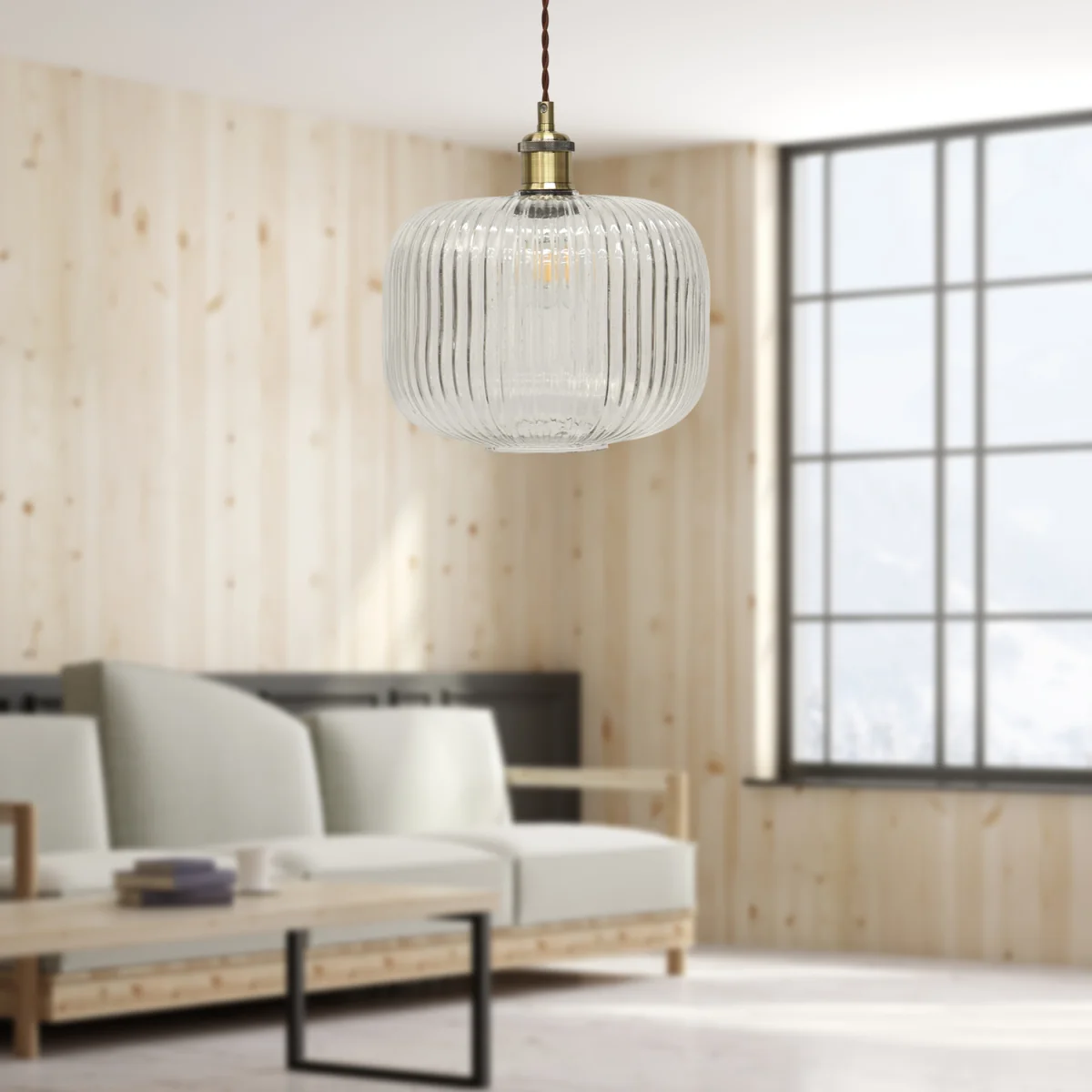Batley Large Clear Ribbed Glass Antique Brass Retro Pendant Fitting - Antique Brass & Clear – image 4