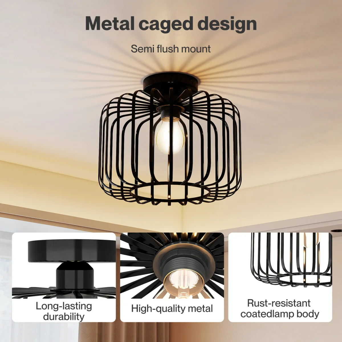 Emitto Industrial Ceiling Light Metal Cage Semi Flush 28cm - Black – image 5