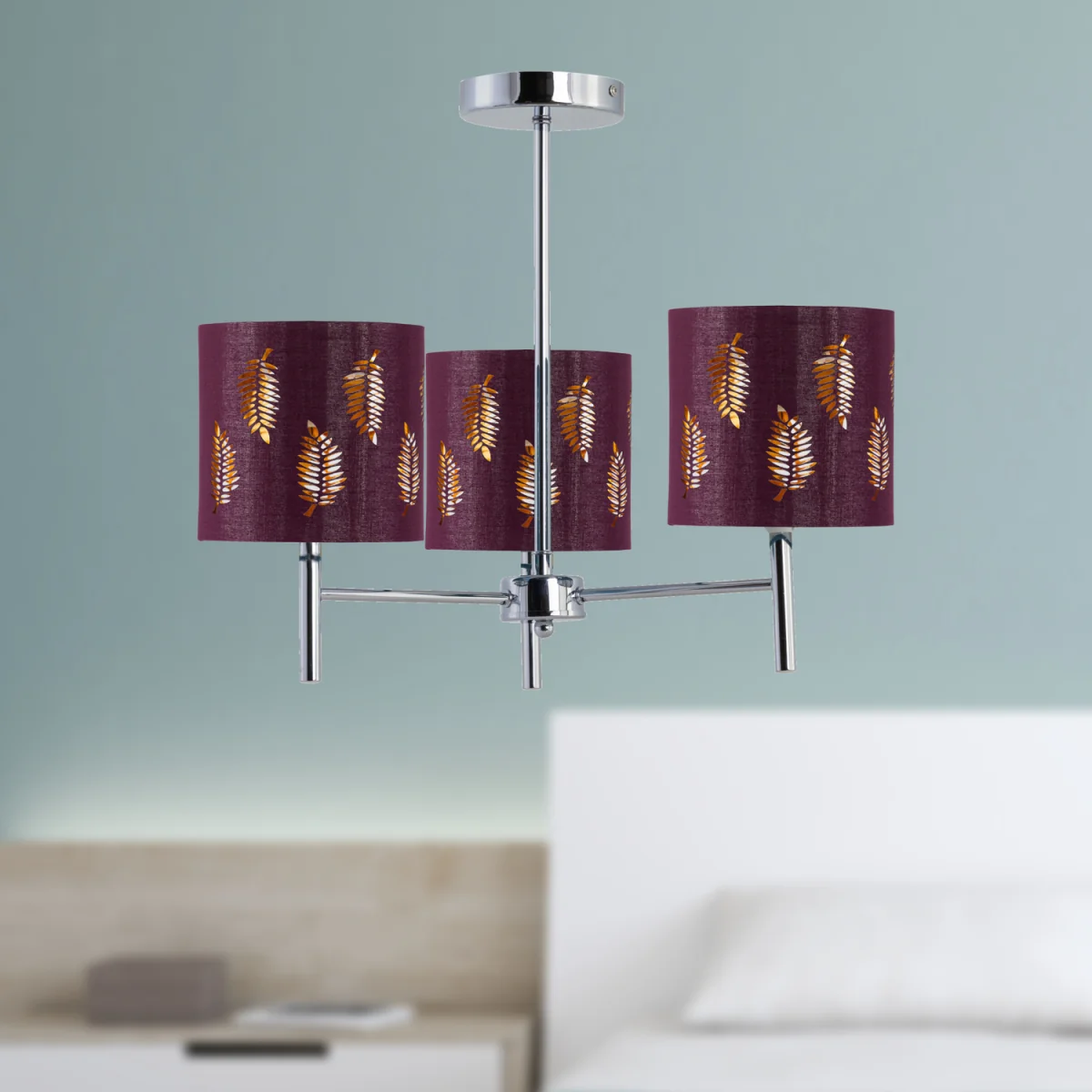 Brea Chrome 3 Light Fitting With Burgundy Fern Shades - Chrome & Burgundy – image 2