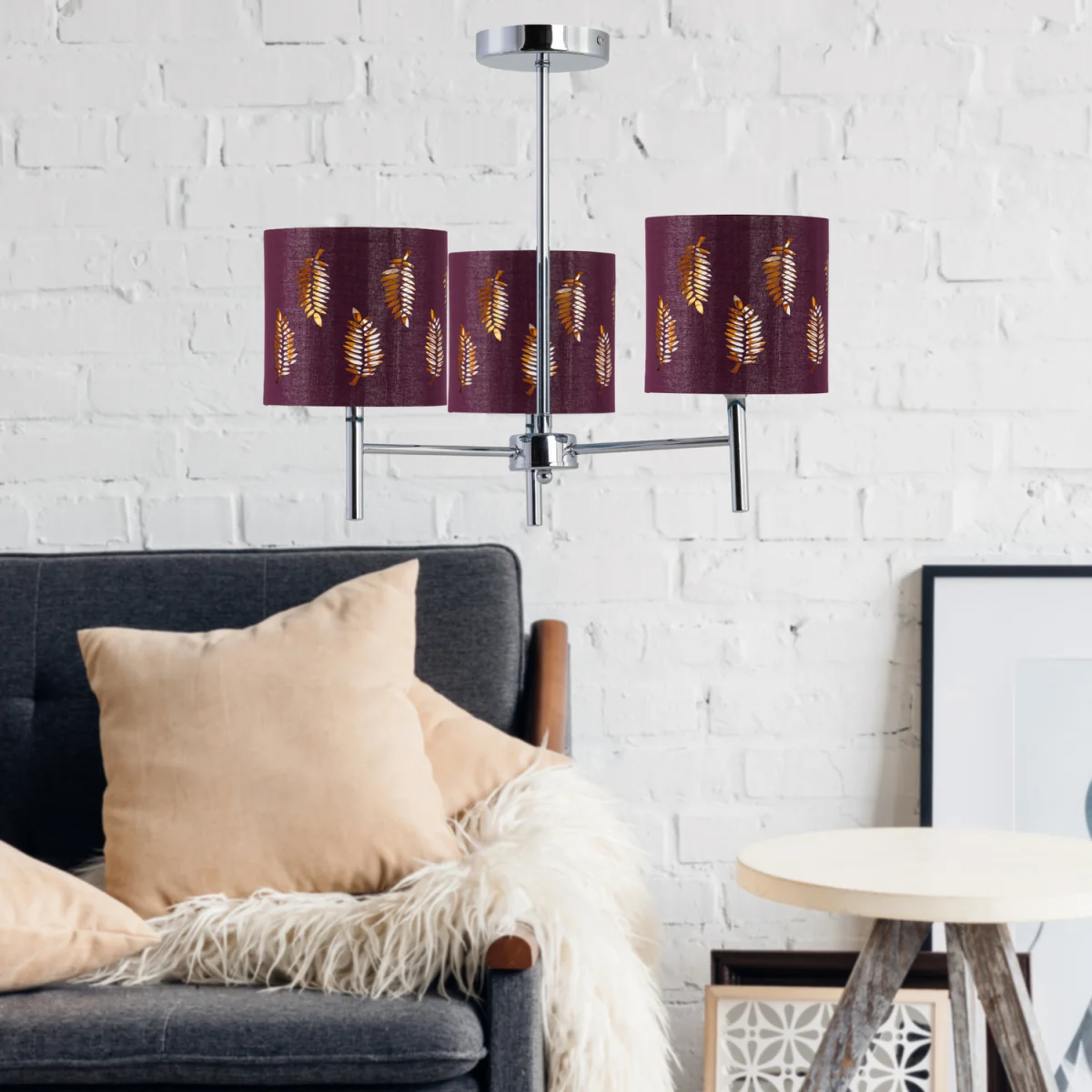 Brea Chrome 3 Light Fitting With Burgundy Fern Shades - Chrome & Burgundy – image 3