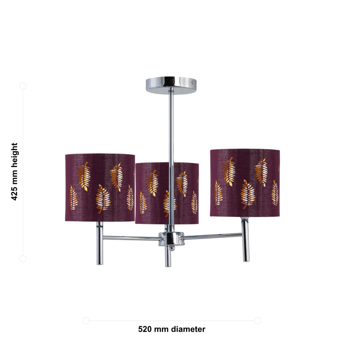 Brea Chrome 3 Light Fitting With Burgundy Fern Shades - Chrome & Burgundy – image 4