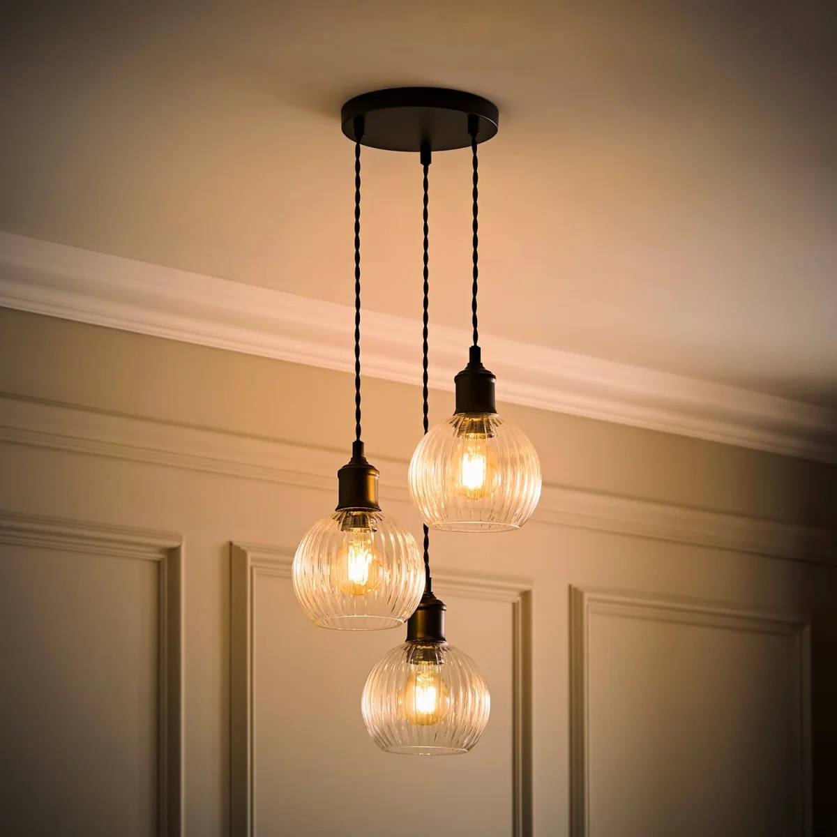 Maddison Clear Ribbed Glass Shade 3 Drop Diner Ceiling Pendant Light - Black / No - Black – image 2
