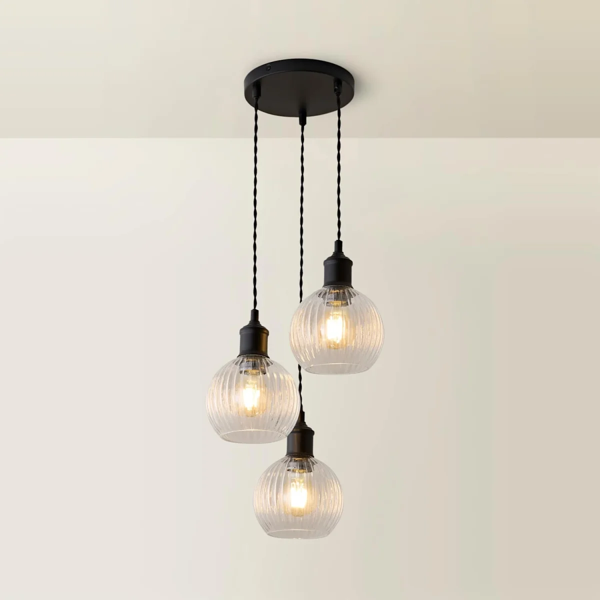 Maddison Clear Ribbed Glass Shade 3 Drop Diner Ceiling Pendant Light - Black / No - Black – image 3
